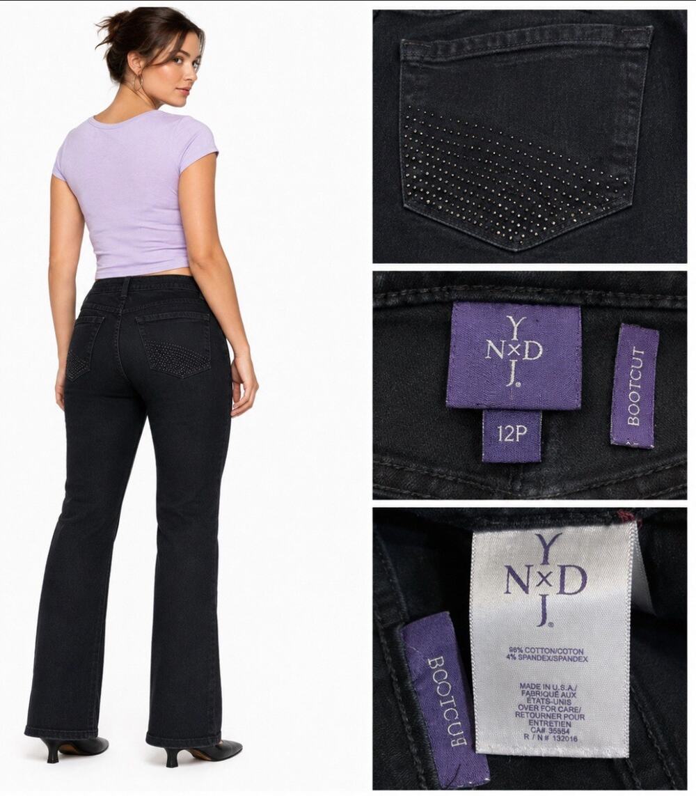 Y2k Indie 2000s NYDJ Lift Tuck Bootcut Petite Jeans Size 12P Black Rhinestone